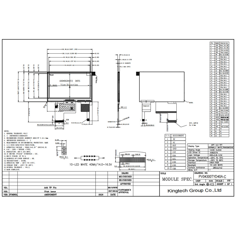 4.3-PV04300TYD40A-C Mechanical Drawing